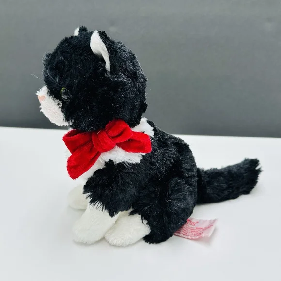 Russ Berrie Black and White Kitty Cat 8” Red Bow Sitting Stuffed Plush Tuxedo - Picture 3 of 7